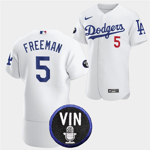 Men's Los Angeles Dodgers #5 Freddie Freeman 2022 White Vin Scully Patch Flex Base Stitched Baseball Jersey